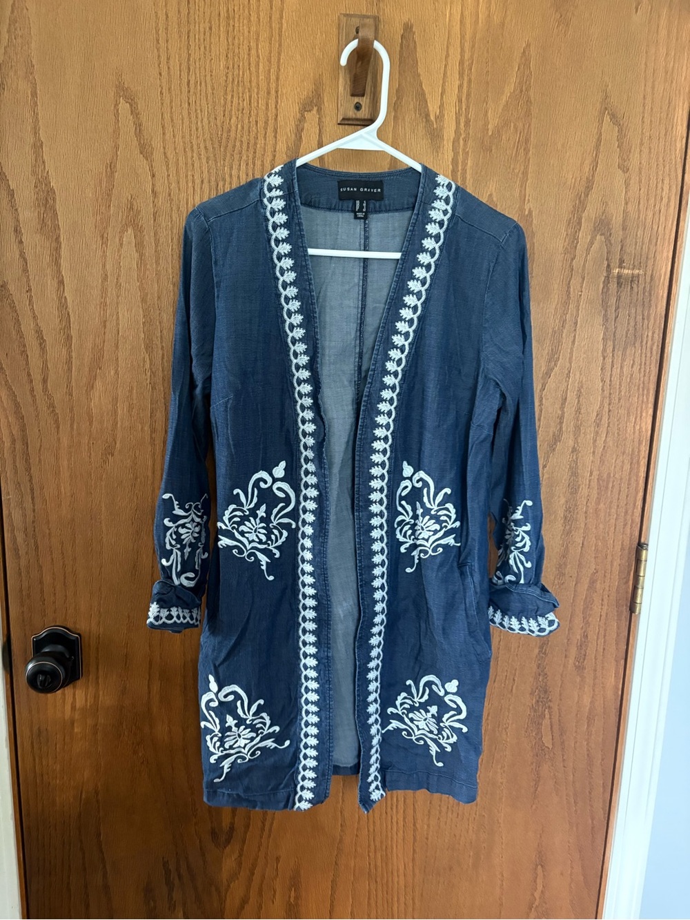 Susan Graver Navy and White Embroidered Open-Front Tunic